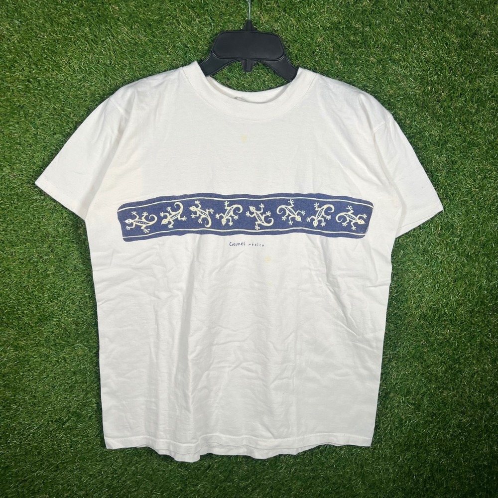 Vintage Cozumel Mexico Gecko Graphic T-Shirt White Single Stitch 90s Medium